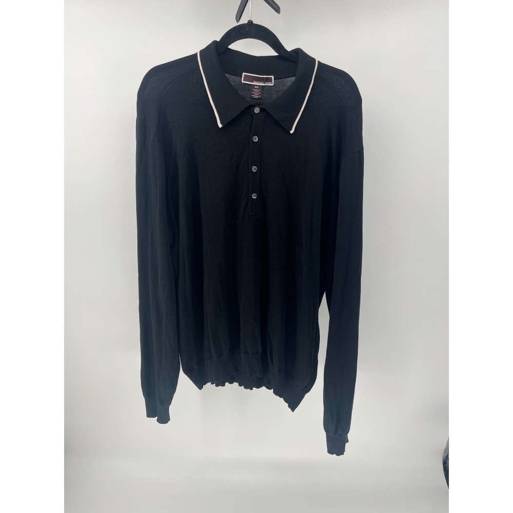 Michael Kors Mens XXL Black Silk Cotton Tipped Collar Long Sleeve Polo Sweater
